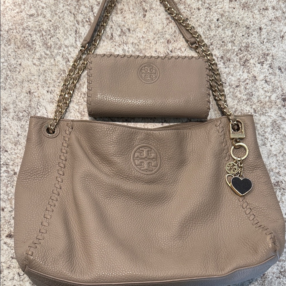 Tory Burch Taupe Leather Shoulder Bag and Wallet